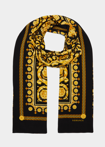 Versace Barocco-print Silk Scarf In Black / Gold