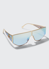 Fendi Men's Metal Logo Shield Sunglasses In Gold/blue