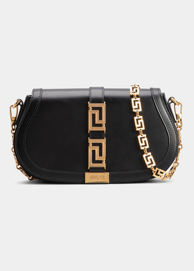 Versace Greca Goddess Medium Leather Shoulder Bag In Black/gold