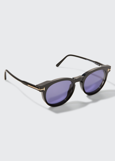 Tom Ford Men's Blue-light Blocking T-logo Round Optical Frames In Black