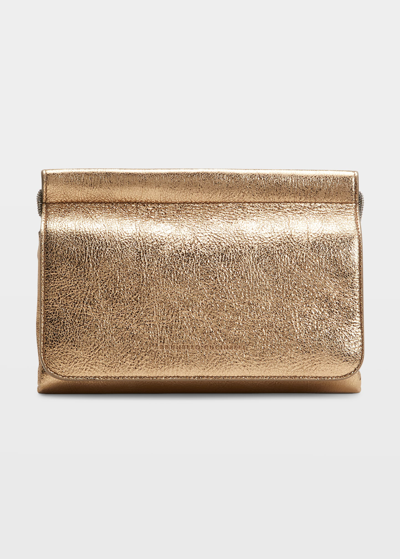 Brunello Cucinelli Monili Metallic Textured Leather Crossbody Bag In Gold