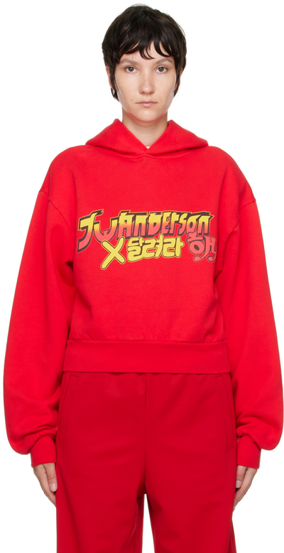 Jw Anderson X 'run Hany' Crop Cotton Logo Hoodie In Red