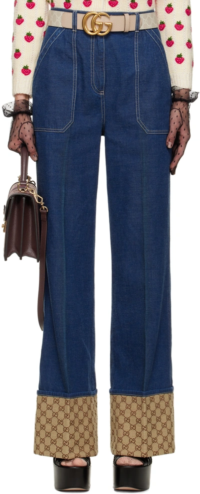 Gucci Gg Canvas-trimmed Wide-leg Jeans In Blue,beige
