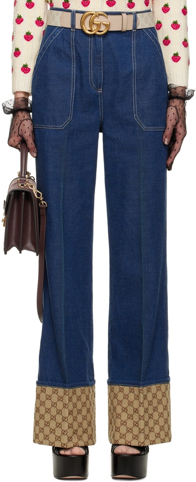 Gucci Gg Canvas-trimmed Wide-leg Jeans In Blue