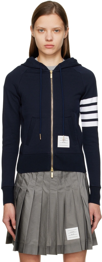 Thom Browne Zip Up Hoodie In Classic Loop Back With Engineered 4-bar Stripe In Blue