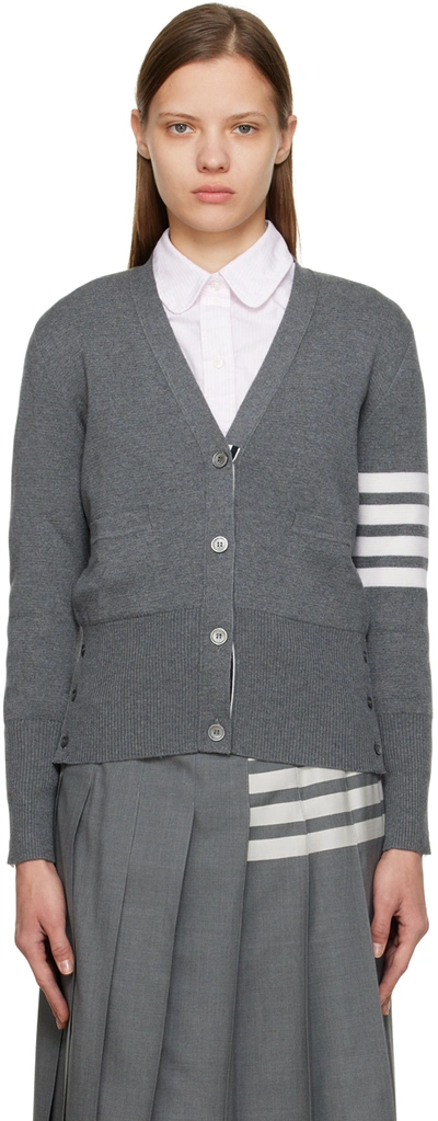 Thom Browne Four Bar Stripe Merino Wool V-neck Cardigan In Med Grey