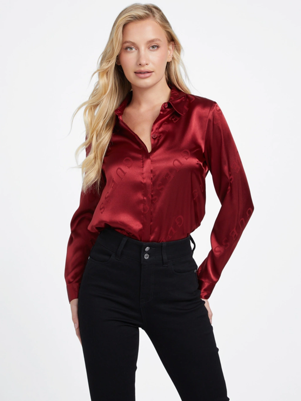 Guess Factory Galina Logo Satin Shirt In Red ModeSens