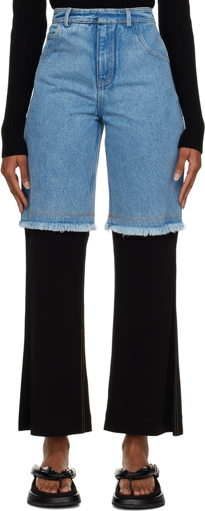 Christopher Esber Deconstruct Jersey-trimmed Frayed High-rise Straight-leg Jeans In Blue