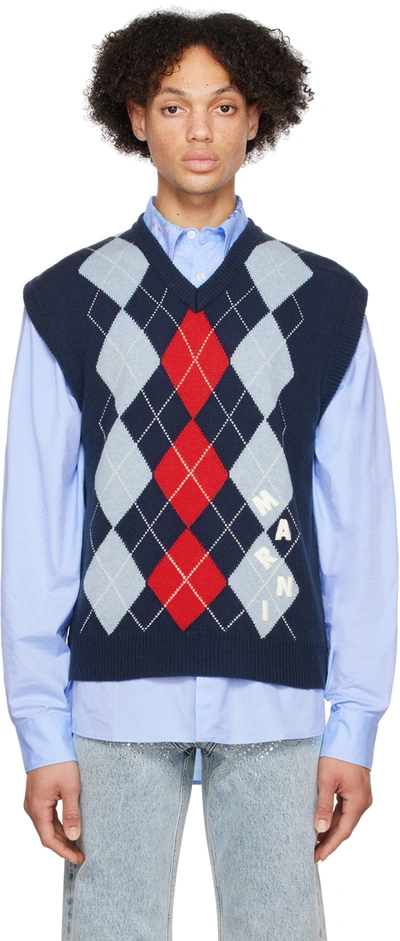 Marni Intarsia-knit Logo Vest In Ultramarine