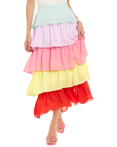 Olivia Rubin Elodie Tiered Color-block Crepe De Chine Maxi Skirt In Pink