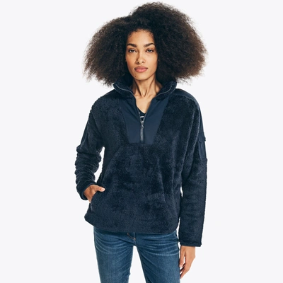 Nautica Womens Mixed Media Quarter-zip Sherpa Fleece In Blue