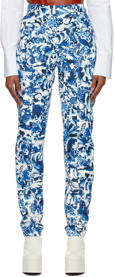 Dries Van Noten White Printed Leather Pants In Blue