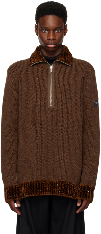 Raf Simons Metallic Ribbed-knit Half-zip Sweater In Brown