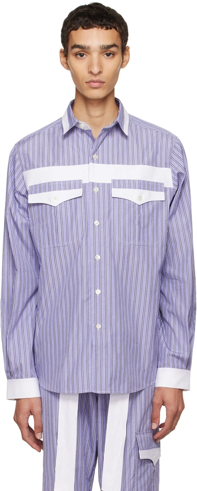 Sébline Blue Combat Shirt In Dark Fil-à-fil Strip