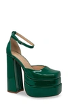 Chase & Chloe Platform Block Heel Pump In Green Patent