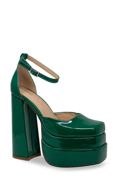 Chase & Chloe Platform Block Heel Pump In Green Patent