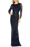 Mac Duggal Sequin Stripe Long Sleeve Column Gown In Midnight