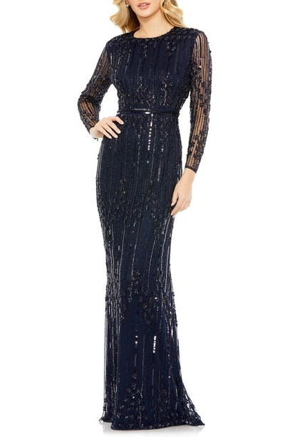 Mac Duggal Sequin Stripe Long Sleeve Column Gown In Midnight