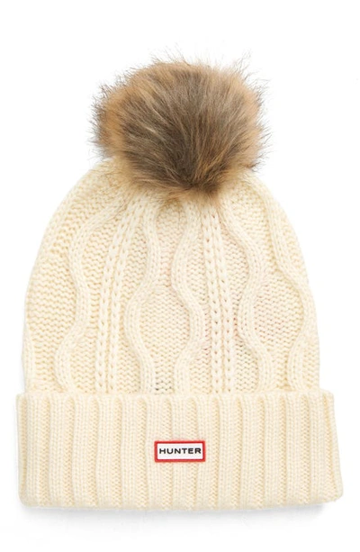Hunter Cable Stitch Beanie With Faux Fur Pom In White Willow
