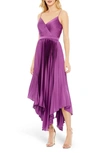 IEENA FOR MAC DUGGAL FLOWY PLEATED HANKERCHIEF HEM SATIN DRESS