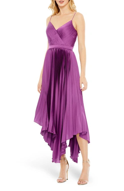 Ieena For Mac Duggal Flowy Pleated Hankerchief Hem Satin Dress In Amethyst