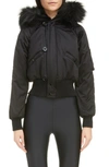 Saint Laurent Satin Bomber Jacket With Faux Fur Trim In Black
