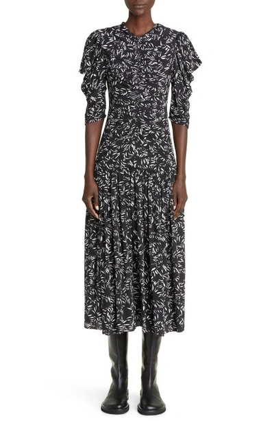 Proenza Schouler Leafy Puff-sleeve Midi-dress In Black White