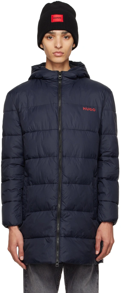 Hugo Navy Hooded Coat In 405 Dark Blue