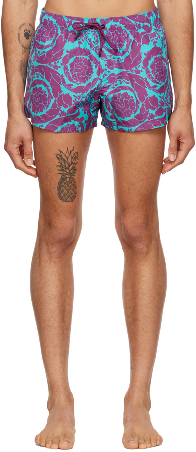 Versace Sea Clothing Purple In <p>barocco-print Swimming Shorts From  Featuring Teal Blue, Plum Purple, Stretch-design, Sign