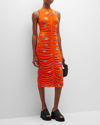 Ganni + Net Sustain Ruched Floral-print Stretch Recycled-mesh Dress In Orangeade
