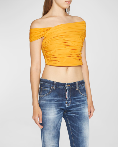 Dsquared2 Ruched Off-the-shoulder Crop Top In Yellow