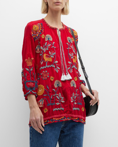 Johnny Was Mayson Floral Embroidered Neck-tie Tunic In Multi