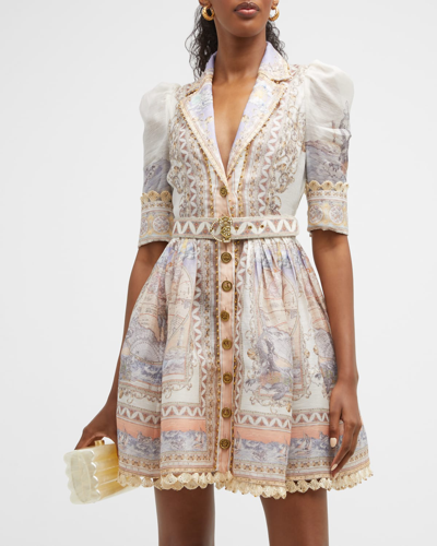 Zimmermann High Tide Belted Embellished Printed Linen And Silk-blend Mini Dress In Multi-colored