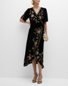 JOHNNY WAS ALLY FLORAL EMBROIDERED SEQUIN VELVET WRAP MIDI DRESS