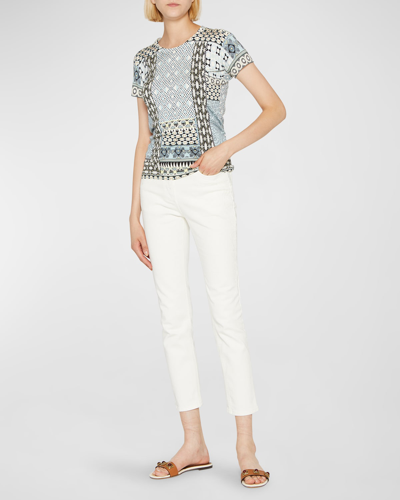 Etro Mediterranean Square-print Short-sleeve Silk Sweater In Blue