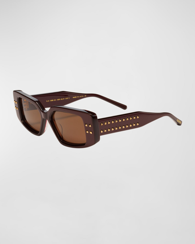 Valentino Garavani Cinque Studded Rectangle Acetate & Titanium Sunglasses In Bordeaux Yellow G