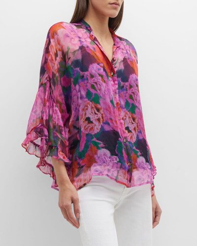 Johnny Was Lars Floral-print Button-down Chiffon Shirt In Neutral