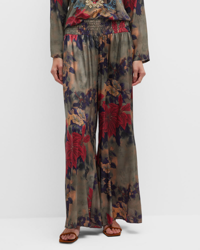 Johnny Was Claret Rachel Floral-print Wide-leg Pull-on Silk Pants In Neutral