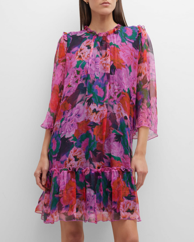Johnny Was Visions Floral-print Chiffon Ruffle Dress In Neutral