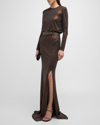 AKRIS LIQUID JERSEY GOWN WITH LAMBSKIN LEATHER BELT