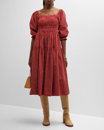 The Great Reunion Printed Midi-dress In Red Laurel Leaf Print