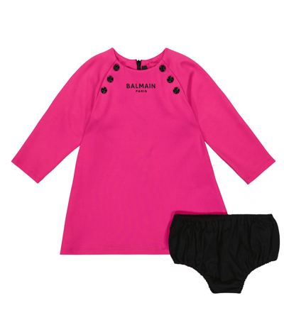 Balmain Baby Logo Dress And Bloomers Set In Fuxia/nero