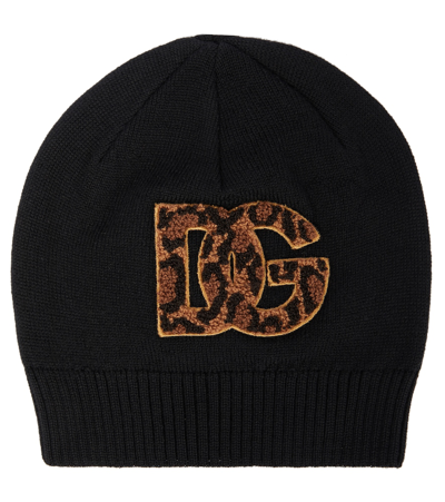 Dolce & Gabbana Kids' Logo Virgin Wool Beanie In Nero