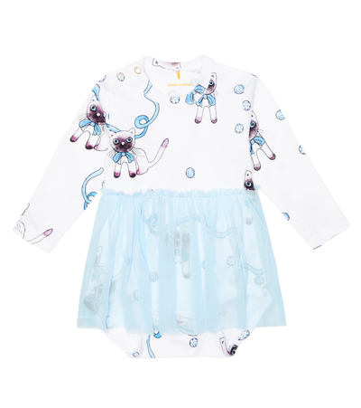 Mini Rodini Baby Cotton And Tulle Cat Print Dress In Light Blue