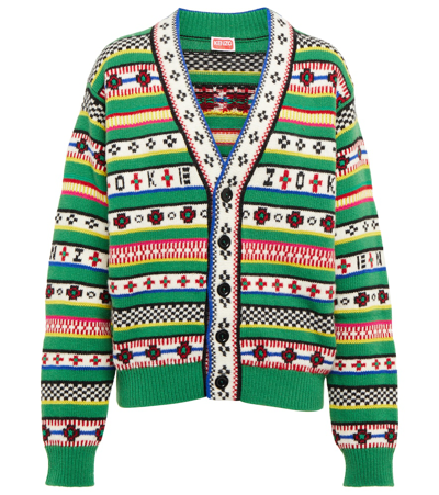 Kenzo Fairisle Jacquard Wool-blend Cardigan In Grass Green