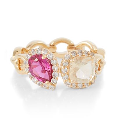 Nadine Aysoy Catena Double 18kt Gold Ring With Sapphire, Rubellite And Diamonds In 0