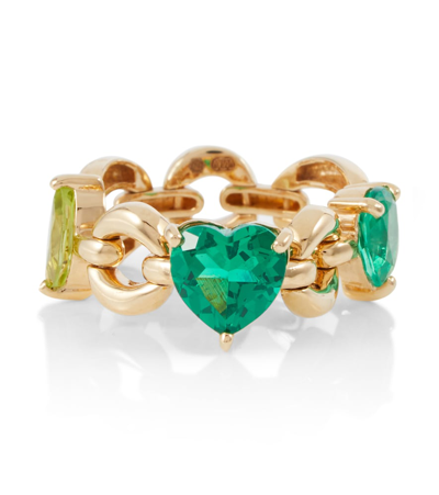 Nadine Aysoy Catena Petite 18kt Gold Ring With Tourmaline, Peridot And Emerald In 0