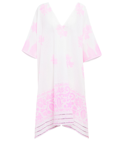 Juliet Dunn Printed Cotton Kaftan In White/ Neon Pink