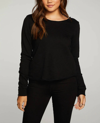 CHASER Linen French Terry Long Sleeve Cross Back Pullover in Black