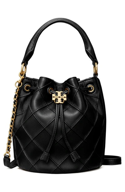 Tory Burch Fleming Mini Diamond Lambskin Bucket Bag In Black